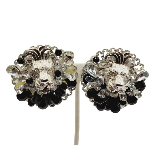 Vintage Jewelry - Vintage 80s Lion Embellished Clip Earrings (A572)